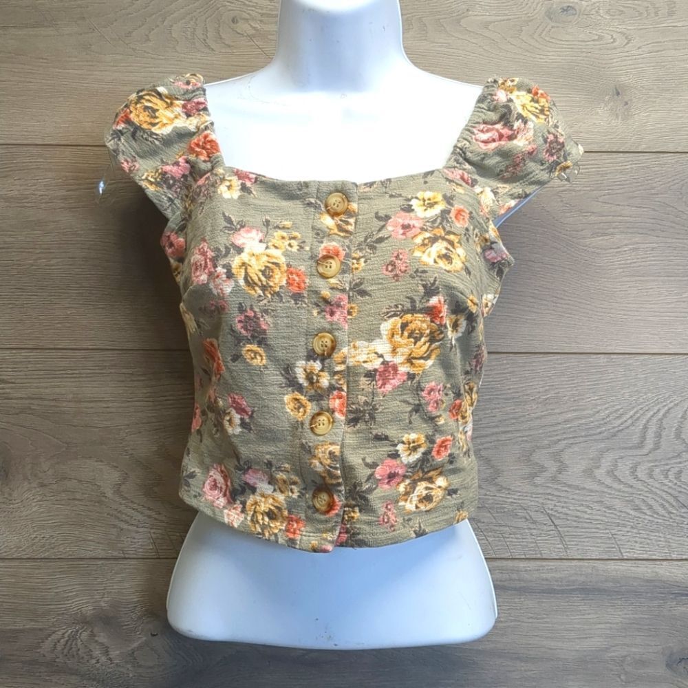 Rewind Floral Button-Up Crop Top Womens Size XS